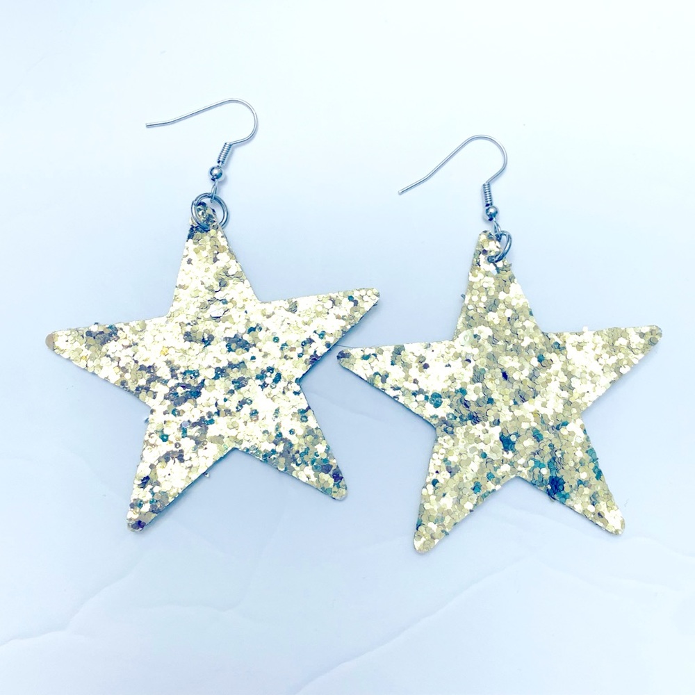 2/$10 Christmas gold star glitter faux leather earrings